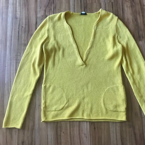 J Crew Chunky Knit Sweater Plunging V Neck Pockets Mustard Yellow Womens Medium - Picture 1 of 8